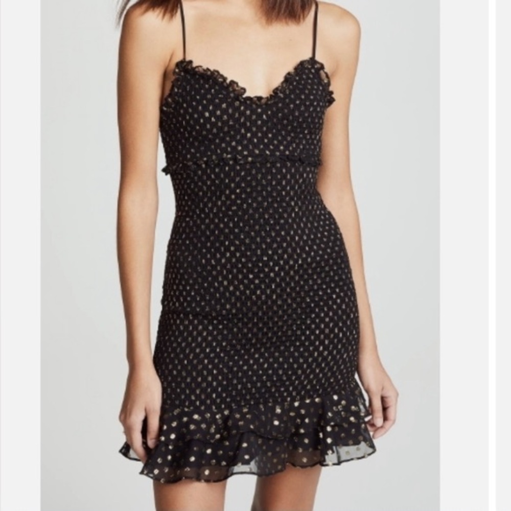 LIKELY Zephra Allover Smocked Gold Metallic Polka Dot Black Mini Dress